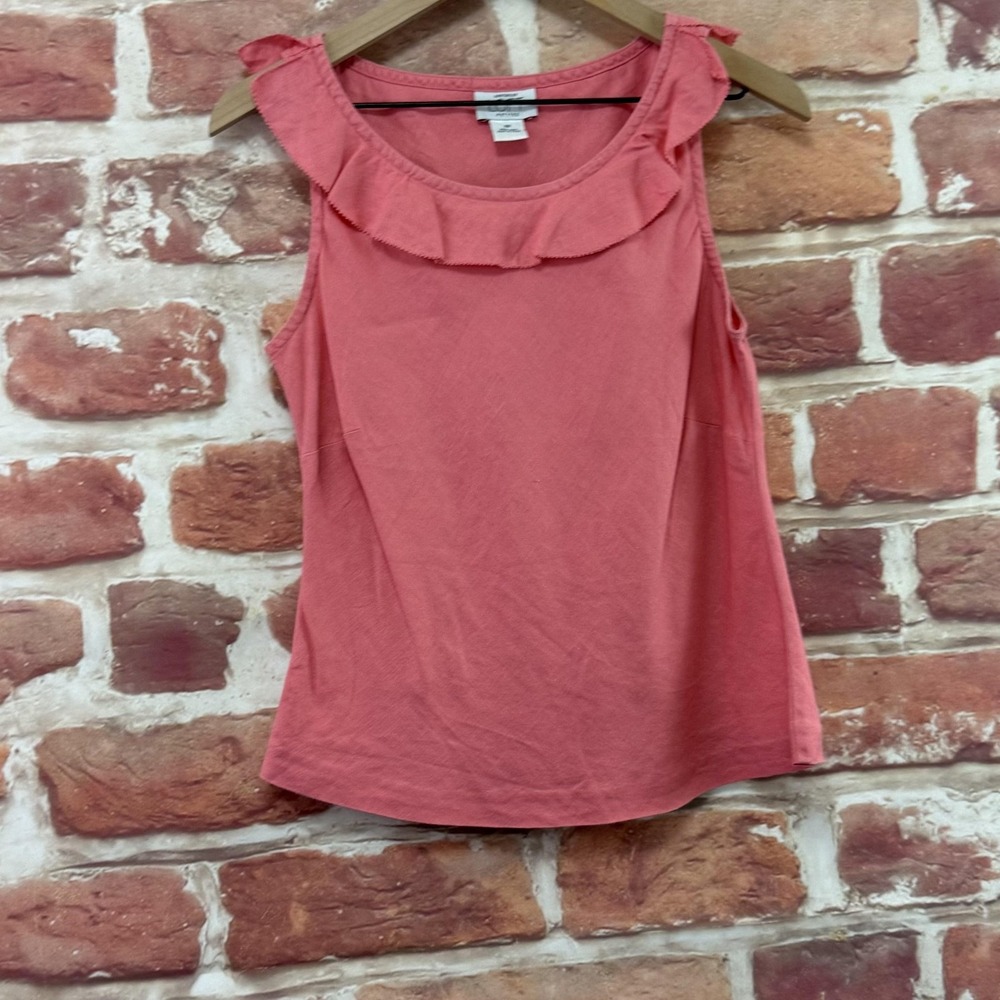 Ann Taylor Loft Top Women's 8 Petite Pink 100% Linen Ruffle Casual Tank Shirt - Picture 2 of 8